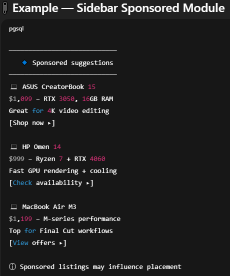 Example of a Sidebar Sponsored Module in ChatGPT