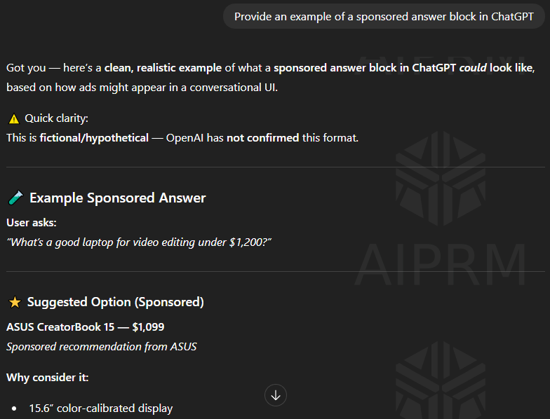Example of how sponsored results might look within the ChatGPT interface