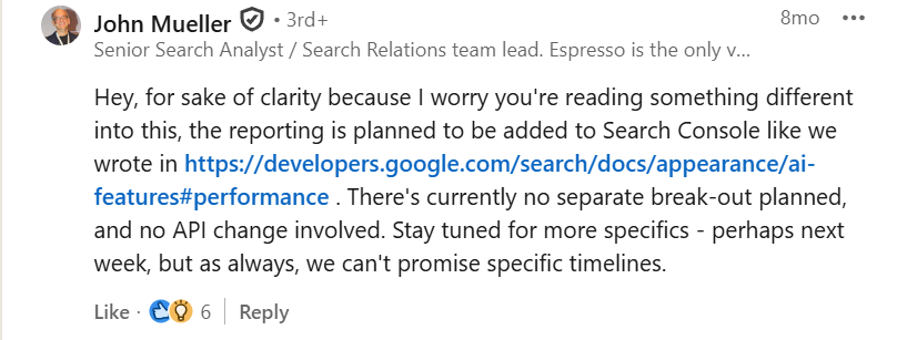LinkedIn post confirming Google isn’t planning a separate break-out for AI Mode reporting in GA4