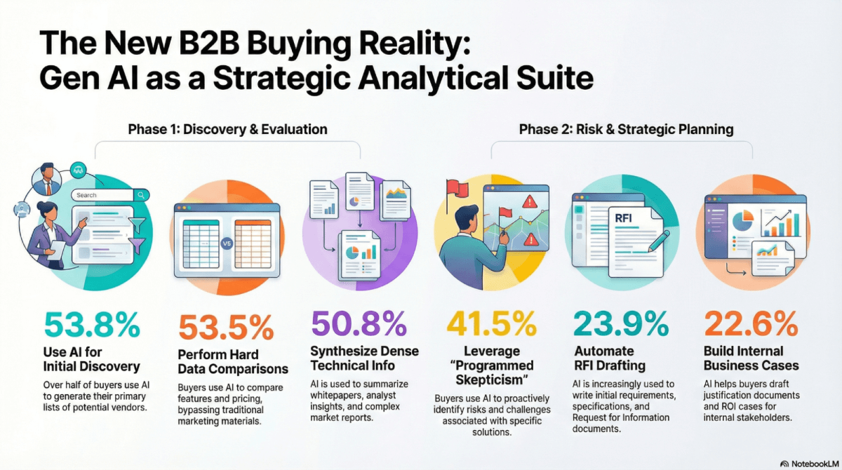 Infographic showing top generative AI use cases in B2B buying. Note: Multiple responses permitted; total exceeds 100%