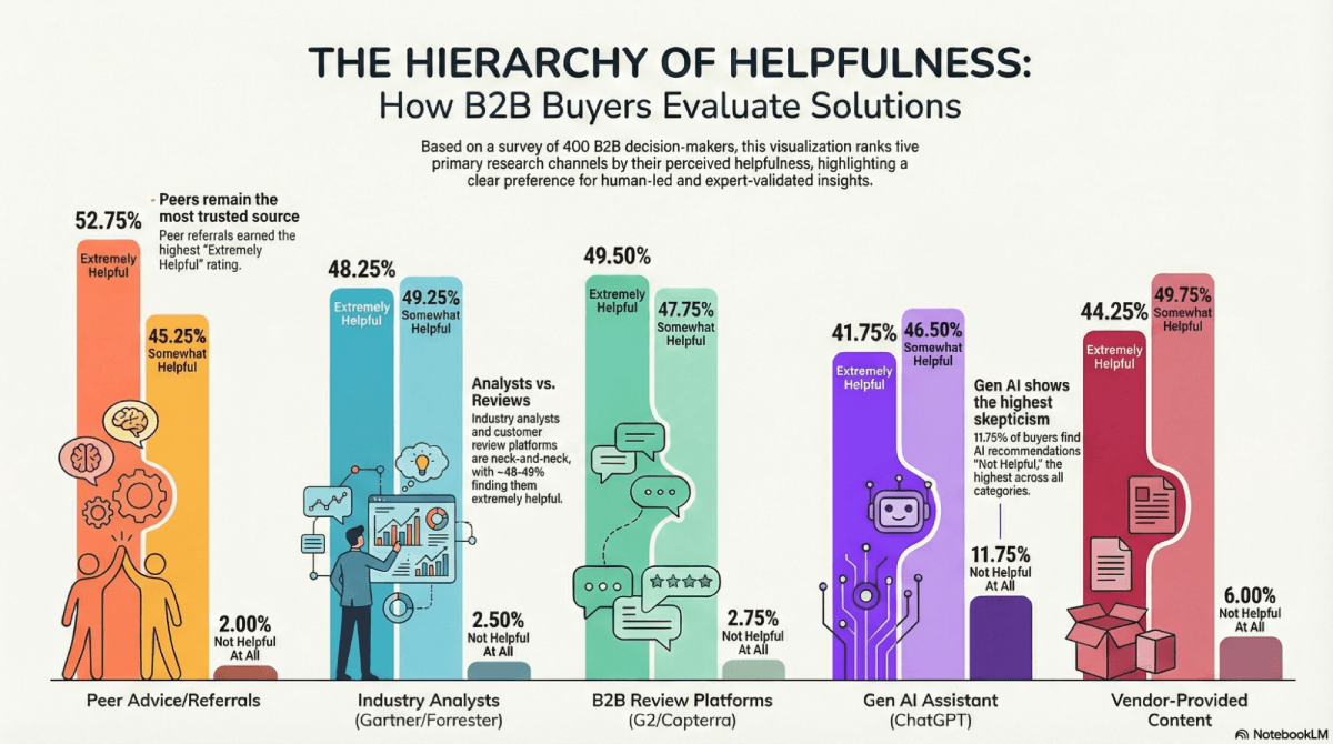Bar chart showing the degree of helpfulness of different sources, with generative AI ranked 4th in both “Somewhat Helpful” and “Extremely Helpful” categories.
