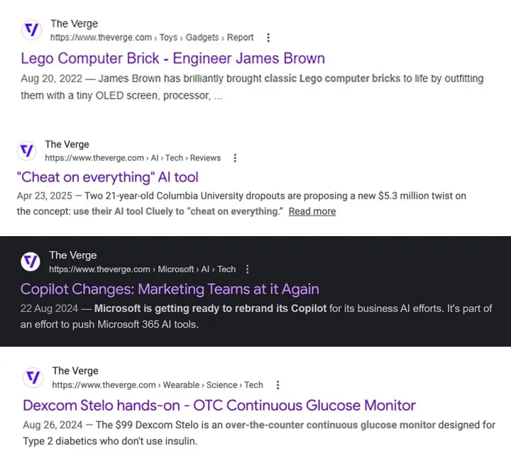 Examples of Google replacing The Verge’s titles with AI-generated ones