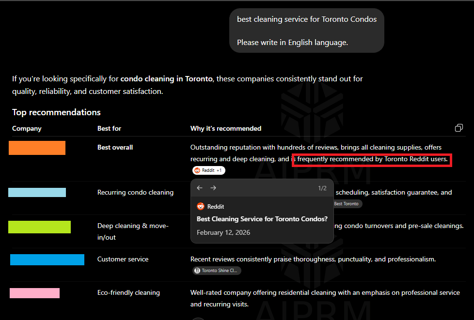 Example of astroturfed content in live ChatGPT answer